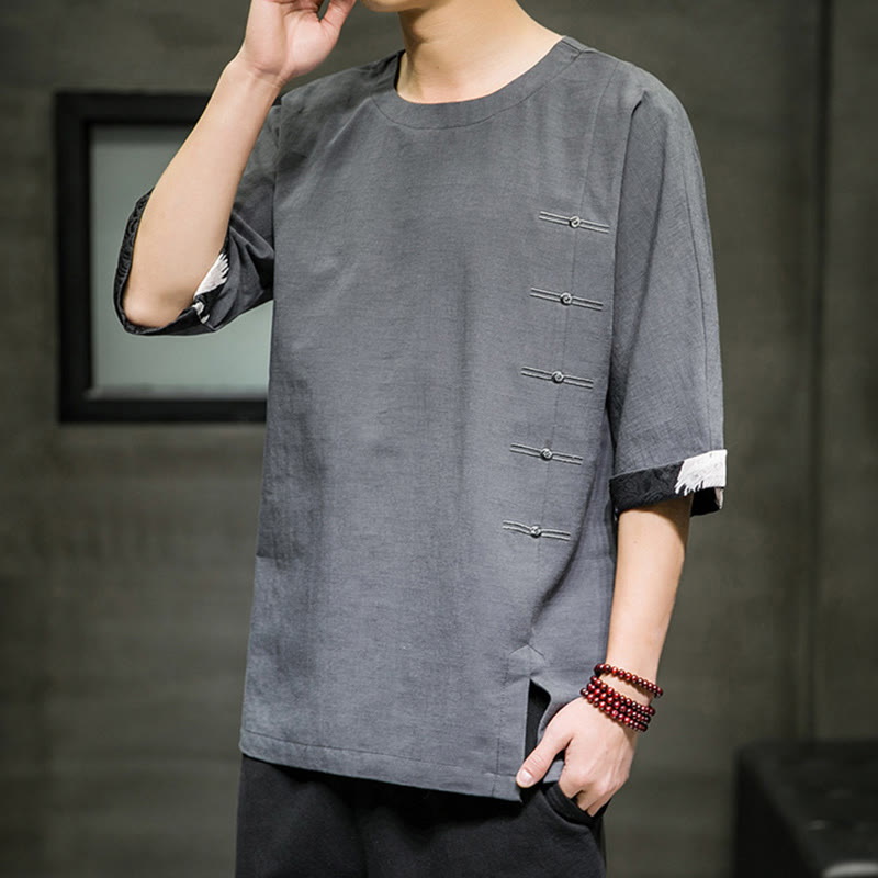 Camiseta de lino y algodón con diseño de patchwork de color sólido retro de verano con Buddha Stones para hombre, manga tres cuartos - image 21