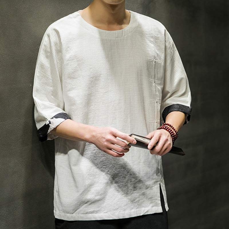 Camiseta de lino y algodón con diseño de patchwork de color sólido retro de verano con Buddha Stones para hombre, manga tres cuartos - image 27