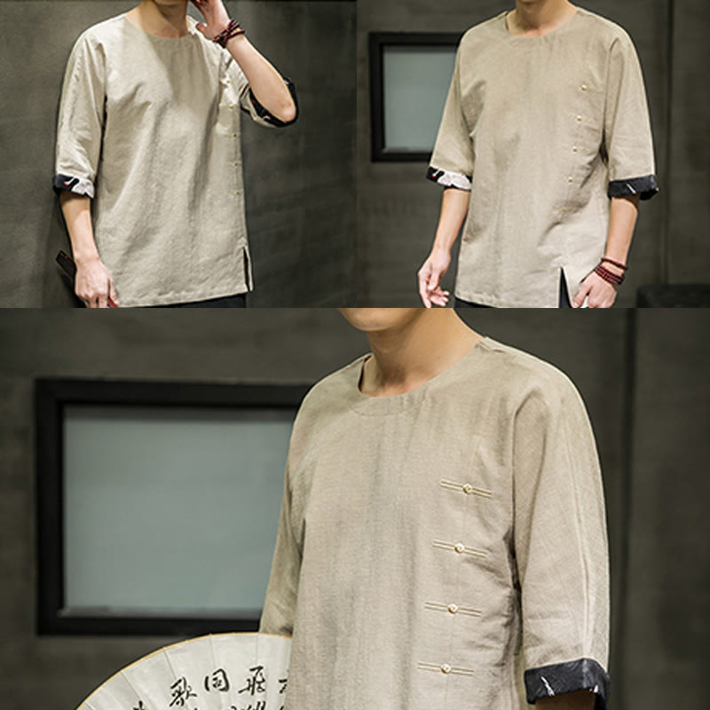 Camiseta de lino y algodón con diseño de patchwork de color sólido retro de verano con Buddha Stones para hombre, manga tres cuartos - image 13