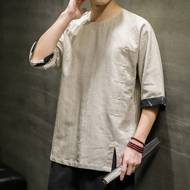 Camiseta de lino y algodón con diseño de patchwork de color sólido retro de verano con Buddha Stones para hombre, manga tres cuartos - image 12