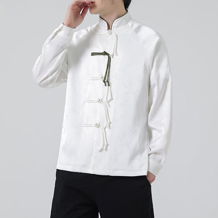 Camisa de manga larga para hombre con diseño de rana china y botones, diseño de hojas de bambú y jacquard de primavera con Buddha Stones - image 15