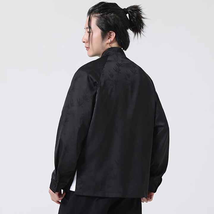 Camisa de manga larga para hombre con diseño de rana china y botones, diseño de hojas de bambú y jacquard de primavera con Buddha Stones - image 21