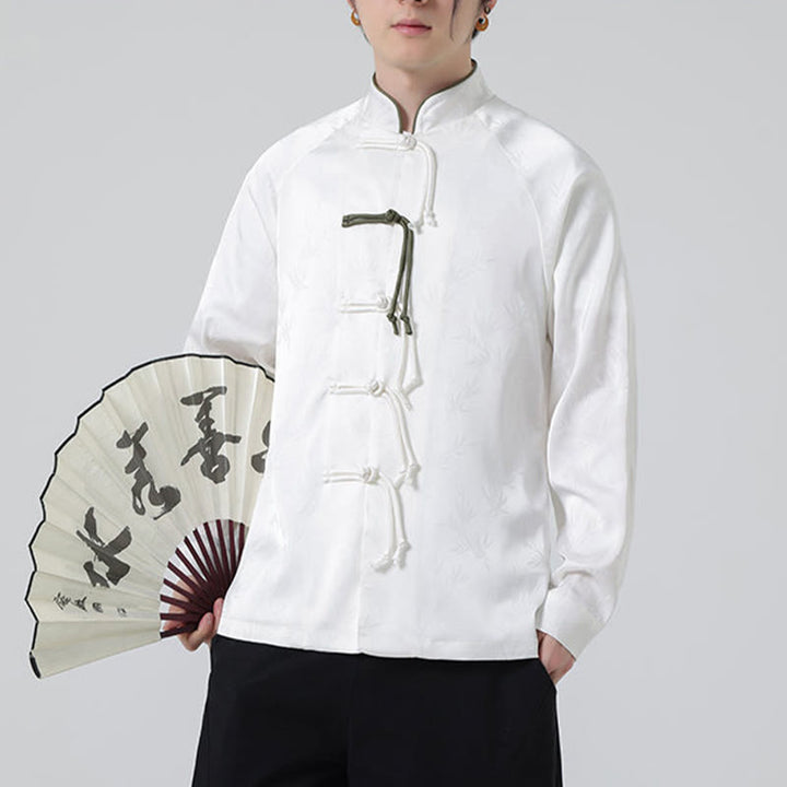 Camisa de manga larga para hombre con diseño de rana china y botones, diseño de hojas de bambú y jacquard de primavera con Buddha Stones - image 16