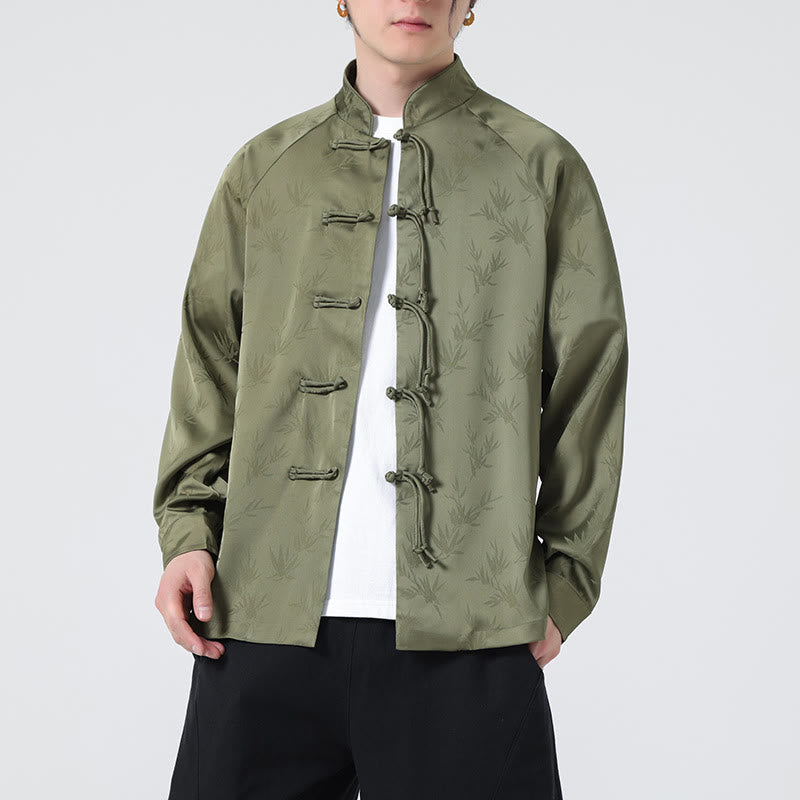 Camisa de manga larga para hombre con diseño de rana china y botones, diseño de hojas de bambú y jacquard de primavera con Buddha Stones - image 6