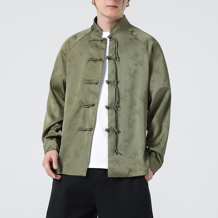 Camisa de manga larga para hombre con diseño de rana china y botones, diseño de hojas de bambú y jacquard de primavera con Buddha Stones - image 6