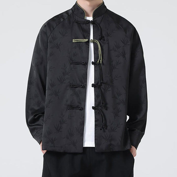 Camisa de manga larga para hombre con diseño de rana china y botones, diseño de hojas de bambú y jacquard de primavera con Buddha Stones - image 25