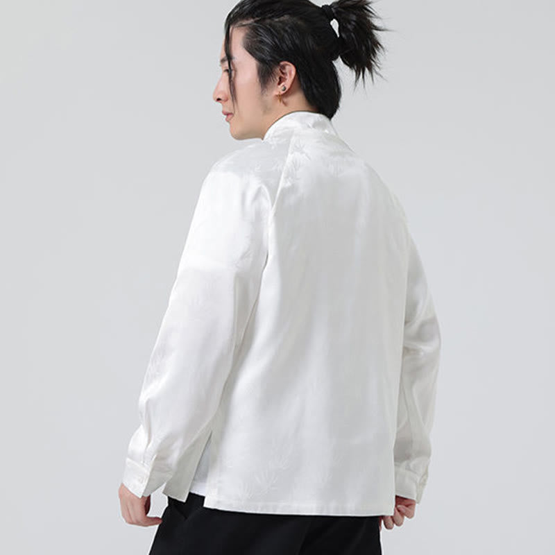 Camisa de manga larga para hombre con diseño de rana china y botones, diseño de hojas de bambú y jacquard de primavera con Buddha Stones - image 14