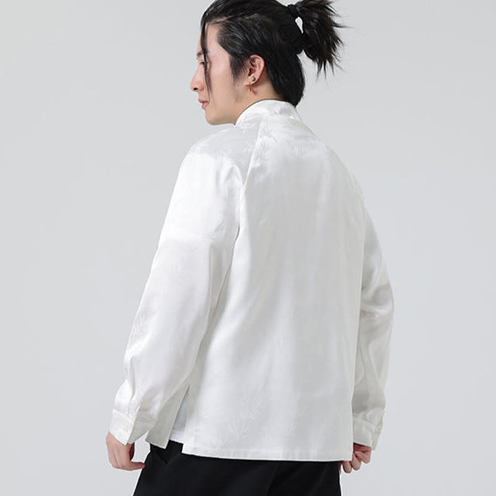 Camisa de manga larga para hombre con diseño de rana china y botones, diseño de hojas de bambú y jacquard de primavera con Buddha Stones - image 14