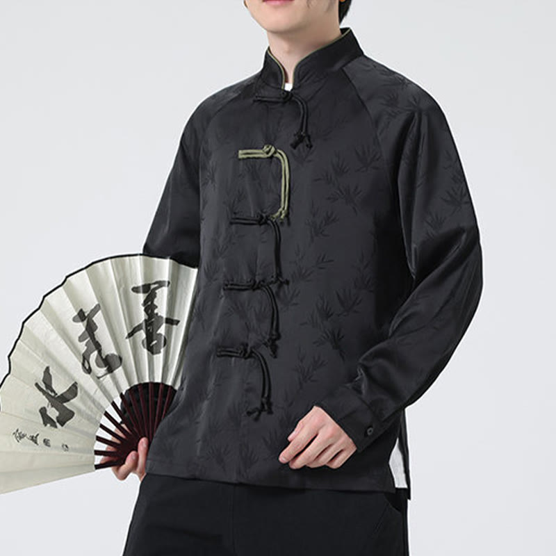 Camisa de manga larga para hombre con diseño de rana china y botones, diseño de hojas de bambú y jacquard de primavera con Buddha Stones - image 23