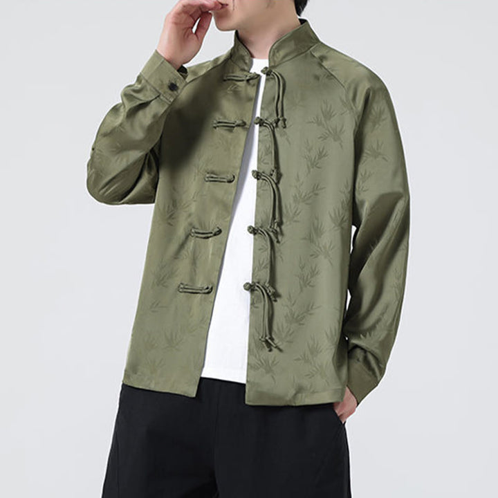 Camisa de manga larga para hombre con diseño de rana china y botones, diseño de hojas de bambú y jacquard de primavera con Buddha Stones - image 7