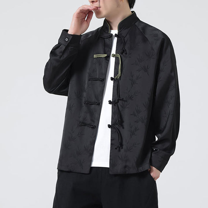 Camisa de manga larga para hombre con diseño de rana china y botones, diseño de hojas de bambú y jacquard de primavera con Buddha Stones - image 24