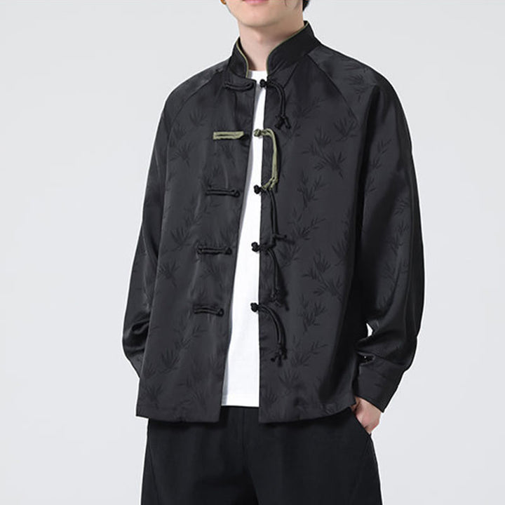 Camisa de manga larga para hombre con diseño de rana china y botones, diseño de hojas de bambú y jacquard de primavera con Buddha Stones - image 19