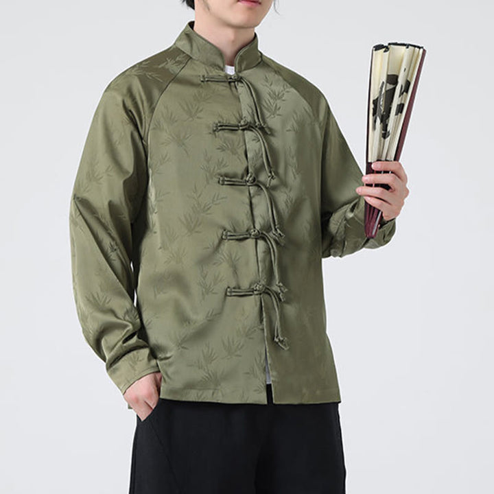 Camisa de manga larga para hombre con diseño de rana china y botones, diseño de hojas de bambú y jacquard de primavera con Buddha Stones - image 1
