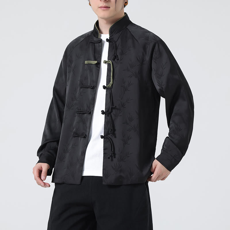 Camisa de manga larga para hombre con diseño de rana china y botones, diseño de hojas de bambú y jacquard de primavera con Buddha Stones - image 20