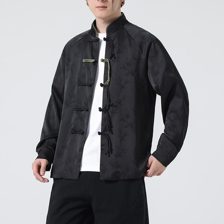 Camisa de manga larga para hombre con diseño de rana china y botones, diseño de hojas de bambú y jacquard de primavera con Buddha Stones - image 20