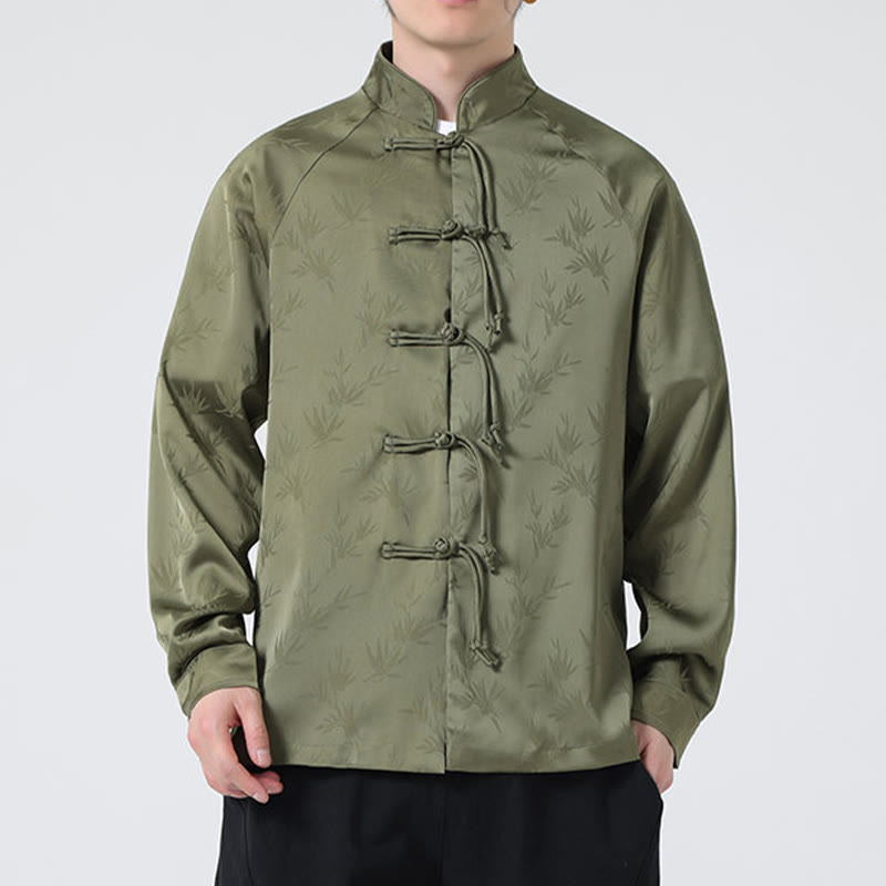 Camisa de manga larga para hombre con diseño de rana china y botones, diseño de hojas de bambú y jacquard de primavera con Buddha Stones - image 2