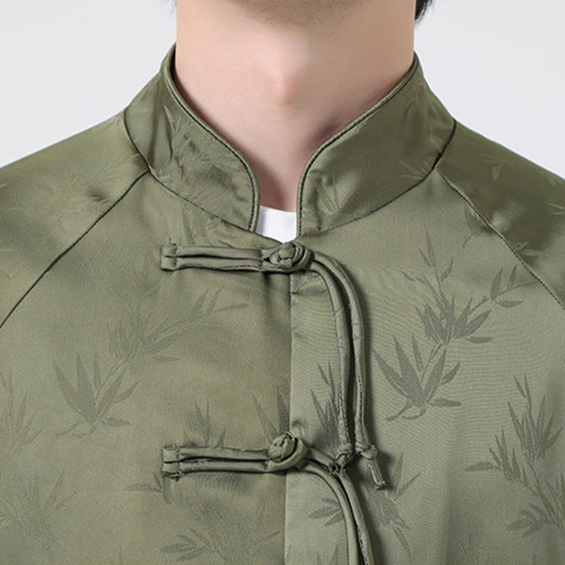 Camisa de manga larga para hombre con diseño de rana china y botones, diseño de hojas de bambú y jacquard de primavera con Buddha Stones - image 8