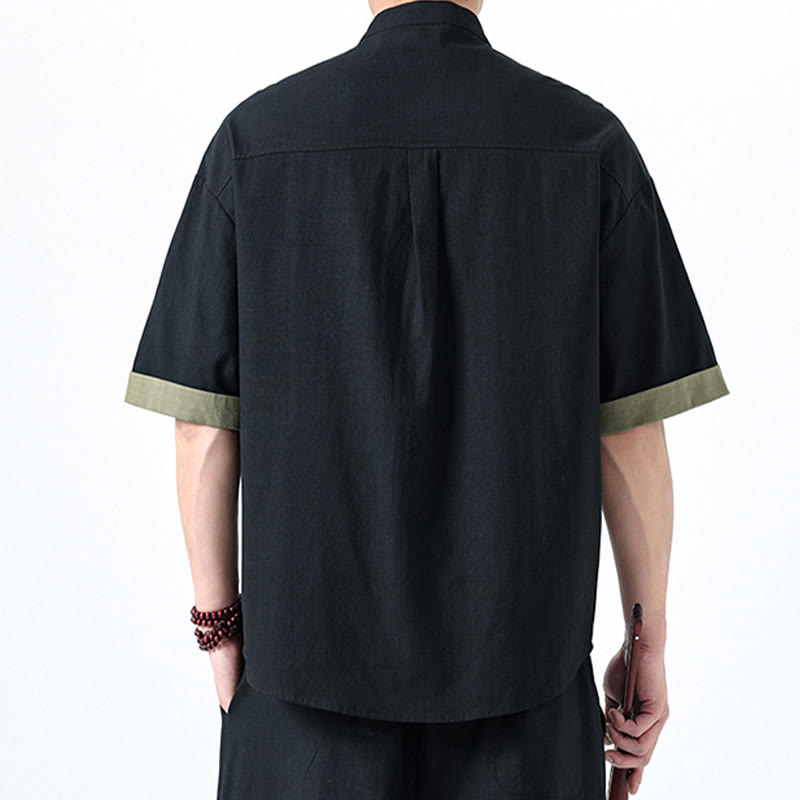 Camisa de lino y algodón de media manga para hombre con diseño de rana china y botones en contraste de colores primaverales y Buddha Stones - image 1