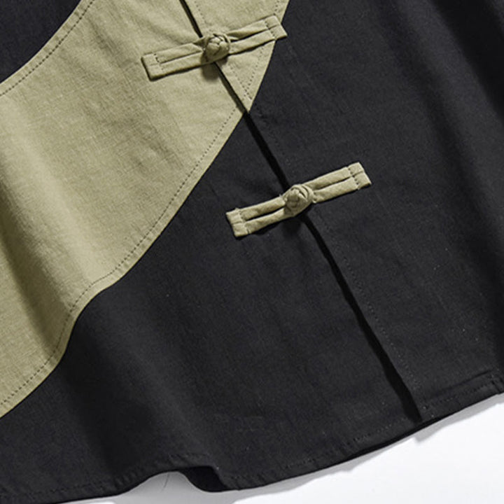 Camisa de lino y algodón de media manga para hombre con diseño de rana china y botones en contraste de colores primaverales y Buddha Stones - image 8