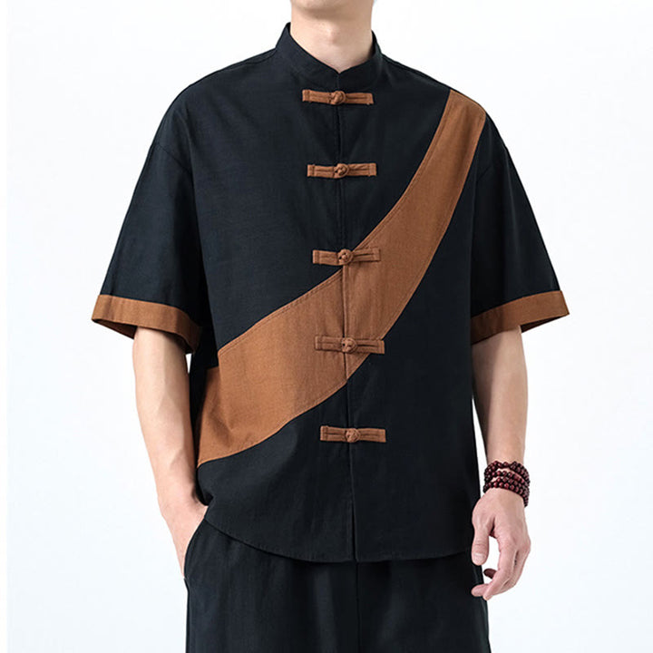 Camisa de lino y algodón de media manga para hombre con diseño de rana china y botones en contraste de colores primaverales y Buddha Stones - image 30