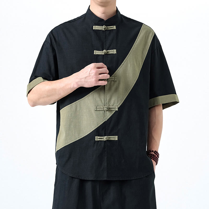 Camisa de lino y algodón de media manga para hombre con diseño de rana china y botones en contraste de colores primaverales y Buddha Stones - image 3