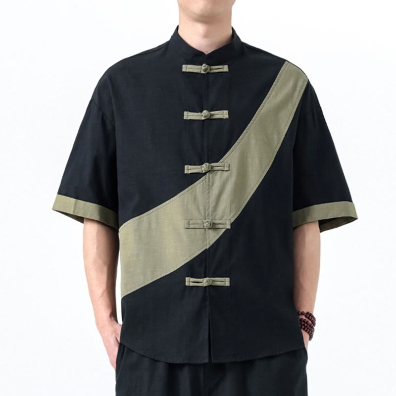 Camisa de lino y algodón de media manga para hombre con diseño de rana china y botones en contraste de colores primaverales y Buddha Stones - image 2