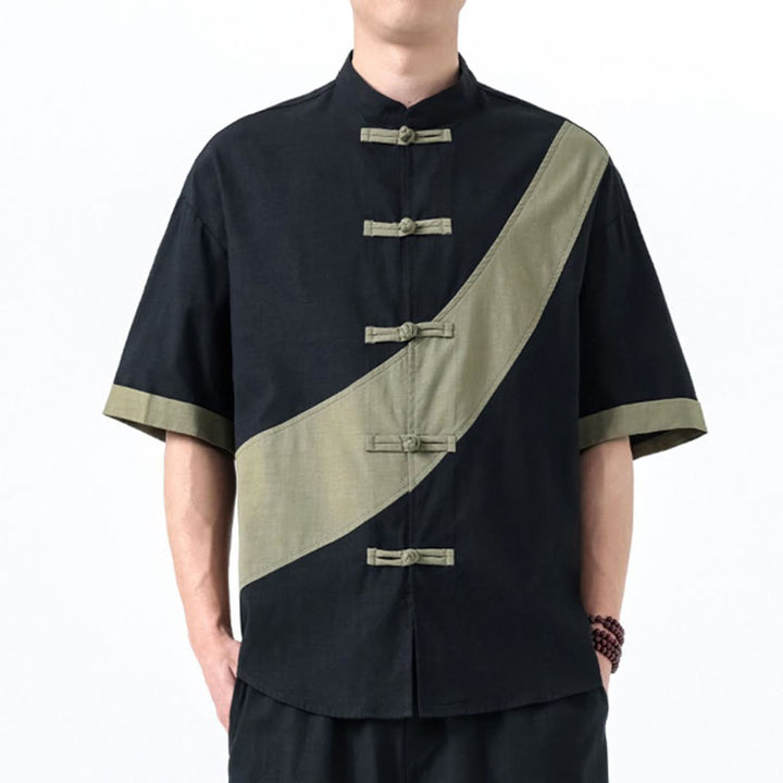 Camisa de lino y algodón de media manga para hombre con diseño de rana china y botones en contraste de colores primaverales y Buddha Stones - image 2