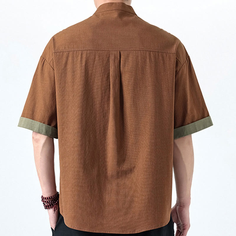 Camisa de lino y algodón de media manga para hombre con diseño de rana china y botones en contraste de colores primaverales y Buddha Stones - image 24