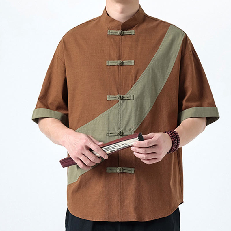 Camisa de lino y algodón de media manga para hombre con diseño de rana china y botones en contraste de colores primaverales y Buddha Stones - image 25