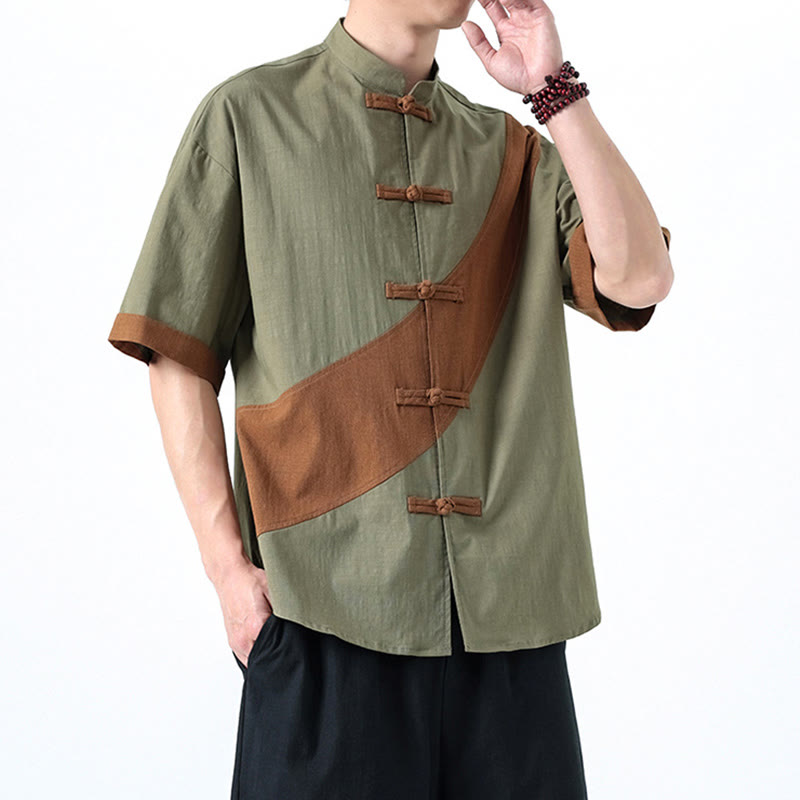 Camisa de lino y algodón de media manga para hombre con diseño de rana china y botones en contraste de colores primaverales y Buddha Stones - image 17