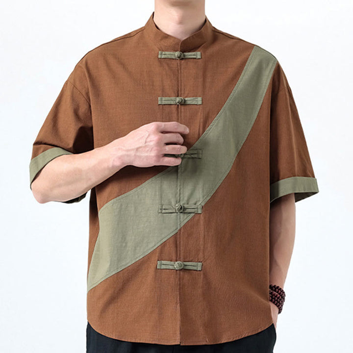 Camisa de lino y algodón de media manga para hombre con diseño de rana china y botones en contraste de colores primaverales y Buddha Stones - image 20