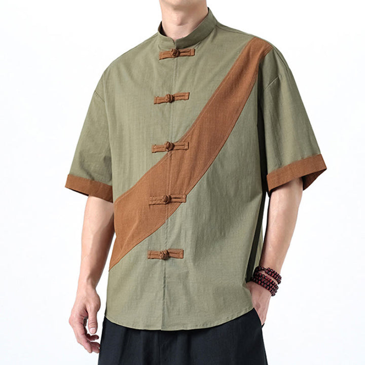 Camisa de lino y algodón de media manga para hombre con diseño de rana china y botones en contraste de colores primaverales y Buddha Stones - image 11