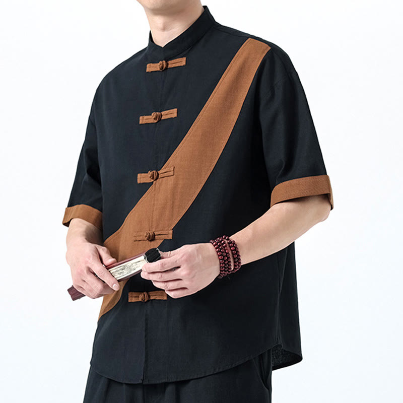 Camisa de lino y algodón de media manga para hombre con diseño de rana china y botones en contraste de colores primaverales y Buddha Stones - image 29