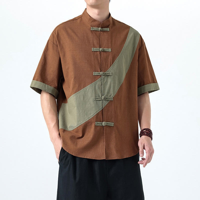 Camisa de lino y algodón de media manga para hombre con diseño de rana china y botones en contraste de colores primaverales y Buddha Stones - image 21