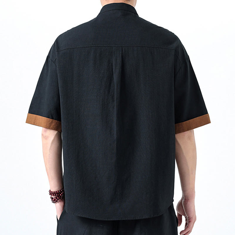 Camisa de lino y algodón de media manga para hombre con diseño de rana china y botones en contraste de colores primaverales y Buddha Stones - image 35