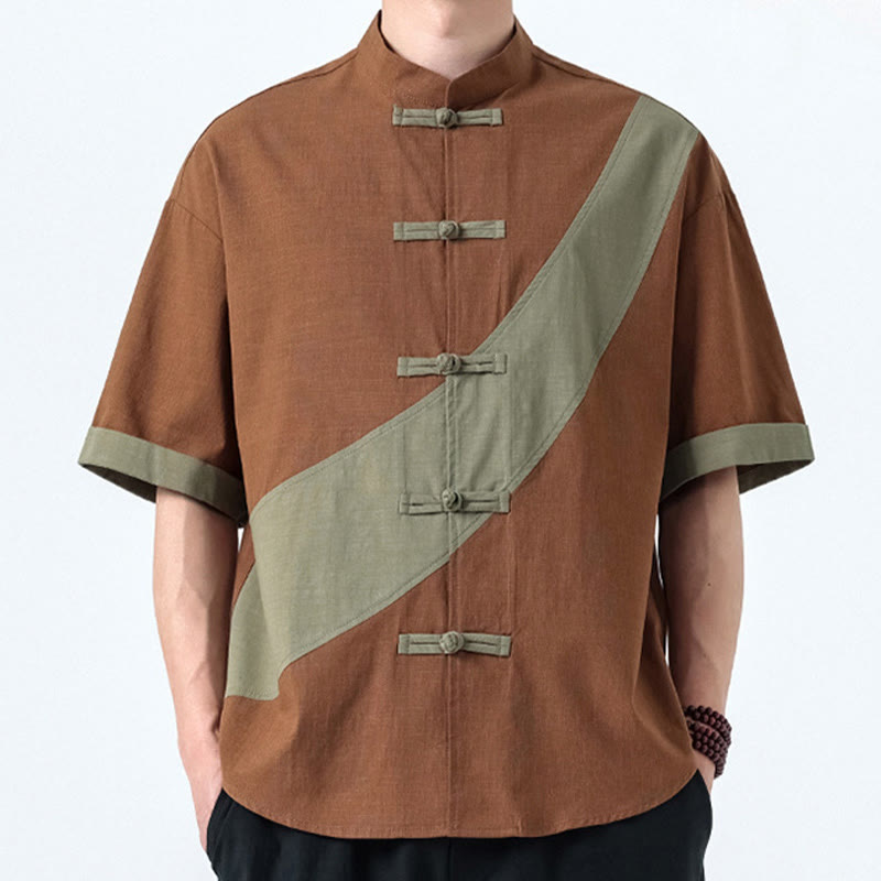 Camisa de lino y algodón de media manga para hombre con diseño de rana china y botones en contraste de colores primaverales y Buddha Stones - image 23