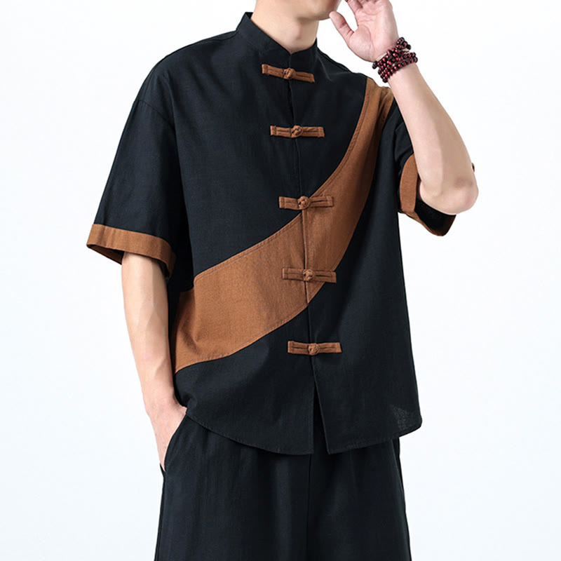 Camisa de lino y algodón de media manga para hombre con diseño de rana china y botones en contraste de colores primaverales y Buddha Stones - image 31