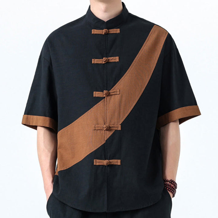 Camisa de lino y algodón de media manga para hombre con diseño de rana china y botones en contraste de colores primaverales y Buddha Stones - image 34