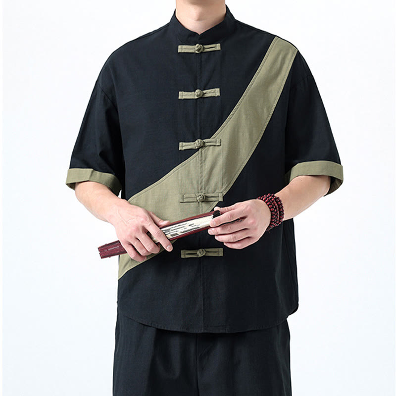 Camisa de lino y algodón de media manga para hombre con diseño de rana china y botones en contraste de colores primaverales y Buddha Stones - image 5