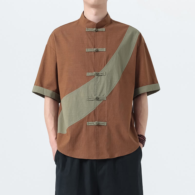 Camisa de lino y algodón de media manga para hombre con diseño de rana china y botones en contraste de colores primaverales y Buddha Stones - image 26