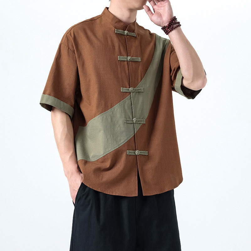 Camisa de lino y algodón de media manga para hombre con diseño de rana china y botones en contraste de colores primaverales y Buddha Stones - image 27