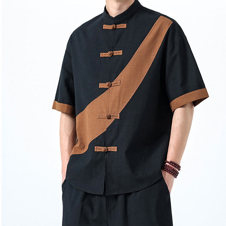 Camisa de lino y algodón de media manga para hombre con diseño de rana china y botones en contraste de colores primaverales y Buddha Stones - image 33