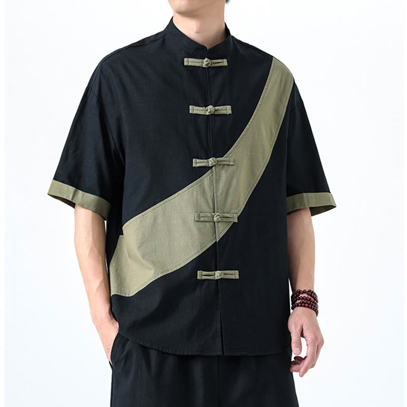 Camisa de lino y algodón de media manga para hombre con diseño de rana china y botones en contraste de colores primaverales y Buddha Stones - image 4