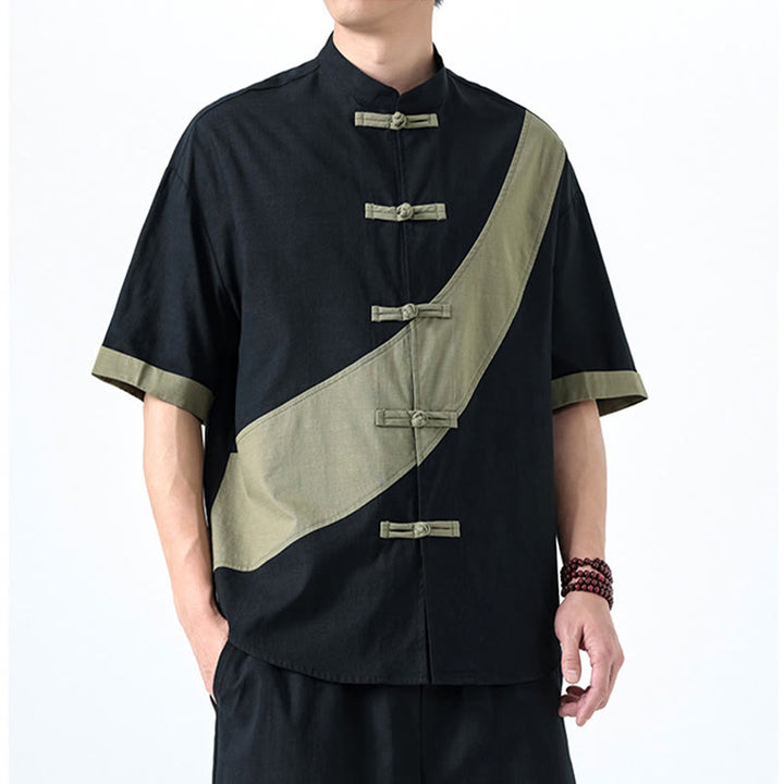 Camisa de lino y algodón de media manga para hombre con diseño de rana china y botones en contraste de colores primaverales y Buddha Stones - image 4