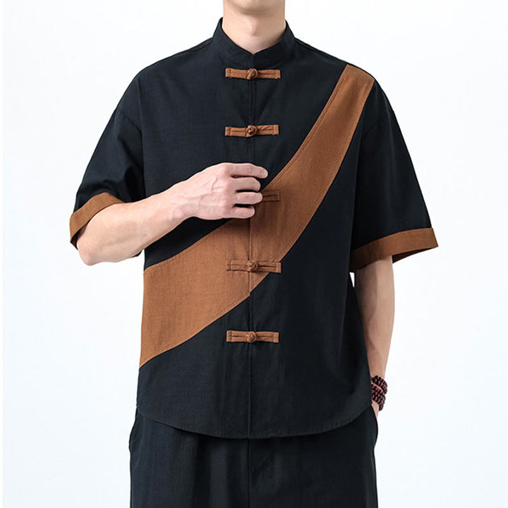 Camisa de lino y algodón de media manga para hombre con diseño de rana china y botones en contraste de colores primaverales y Buddha Stones - image 32