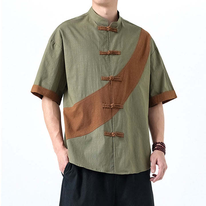 Camisa de lino y algodón de media manga para hombre con diseño de rana china y botones en contraste de colores primaverales y Buddha Stones - image 13