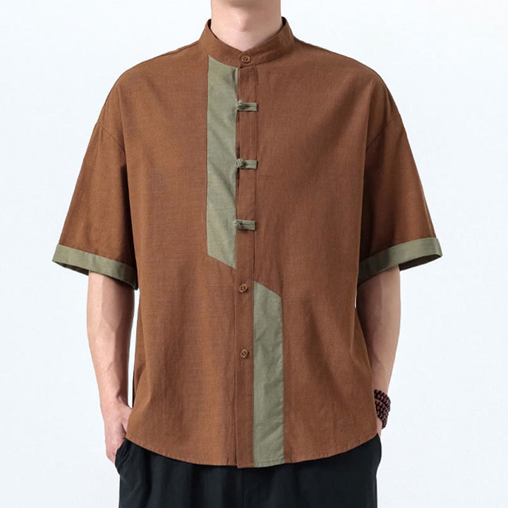 Camisa de lino y algodón de media manga para hombre, diseño chino con botones de rana y Buddha Stones , informal, a juego con colores - image 15