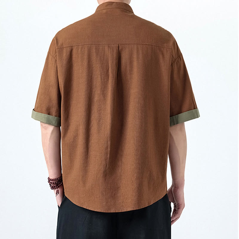 Camisa de lino y algodón de media manga para hombre, diseño chino con botones de rana y Buddha Stones , informal, a juego con colores - image 16