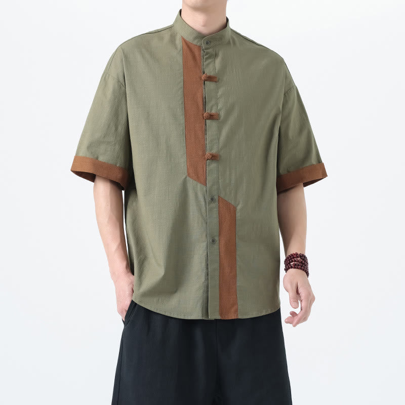 Camisa de lino y algodón de media manga para hombre, diseño chino con botones de rana y Buddha Stones , informal, a juego con colores - image 13