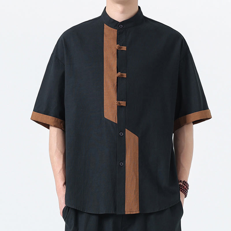Camisa de lino y algodón de media manga para hombre, diseño chino con botones de rana y Buddha Stones , informal, a juego con colores - Negro con Perú - US/UK/AU46, EU56 (5XL) - image 0